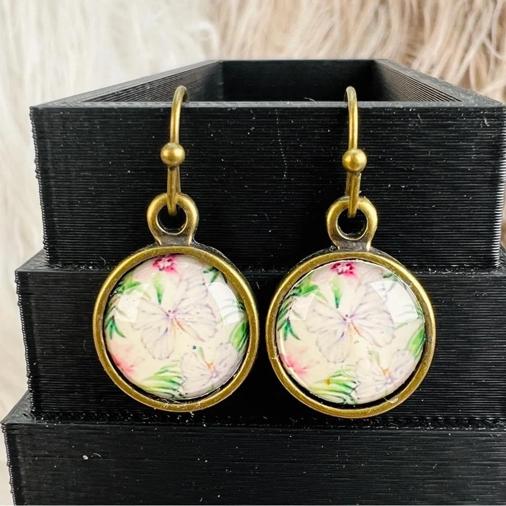 Aged brass tone floral butterfly setting pierced dangle earrings